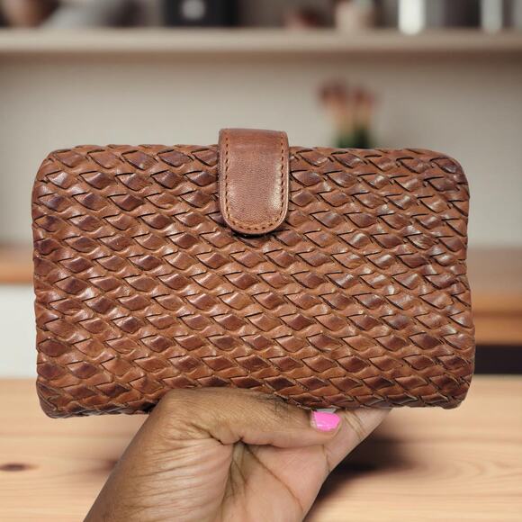 Vilenca Holland Wallet Brown Cognac Leather Woven Soft Slots Basketweave Bifold - Picture 5 of 15